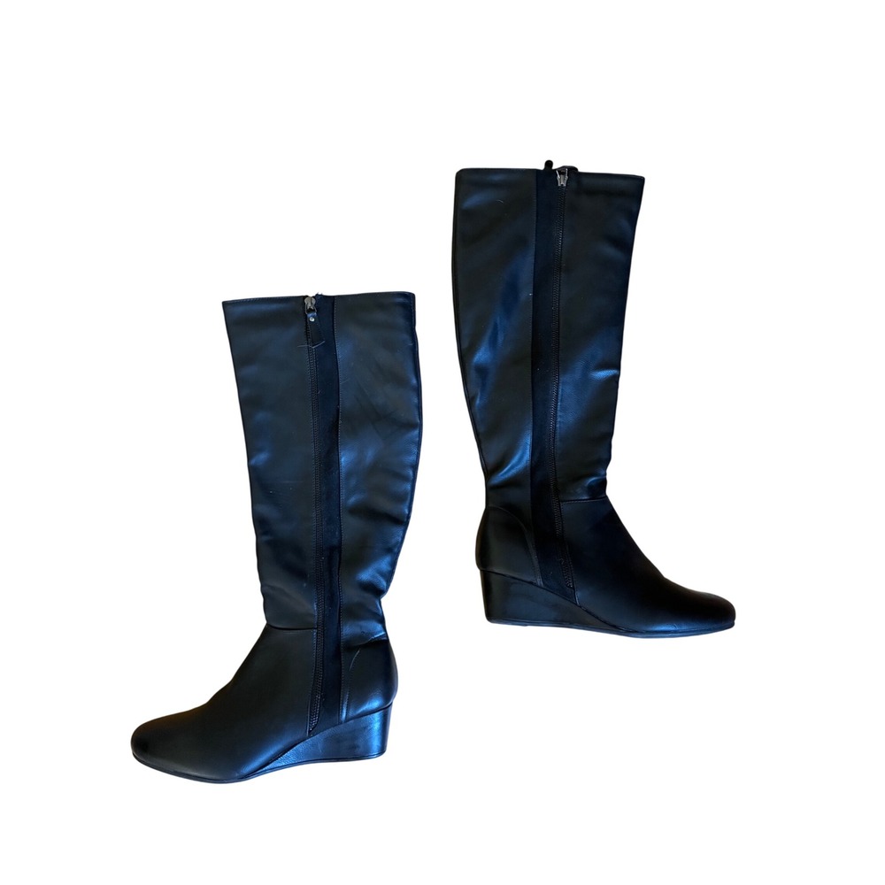 Dream Pairs Womens Black Faux Leather Knee High Wedge Boots Size 10 Round Toe